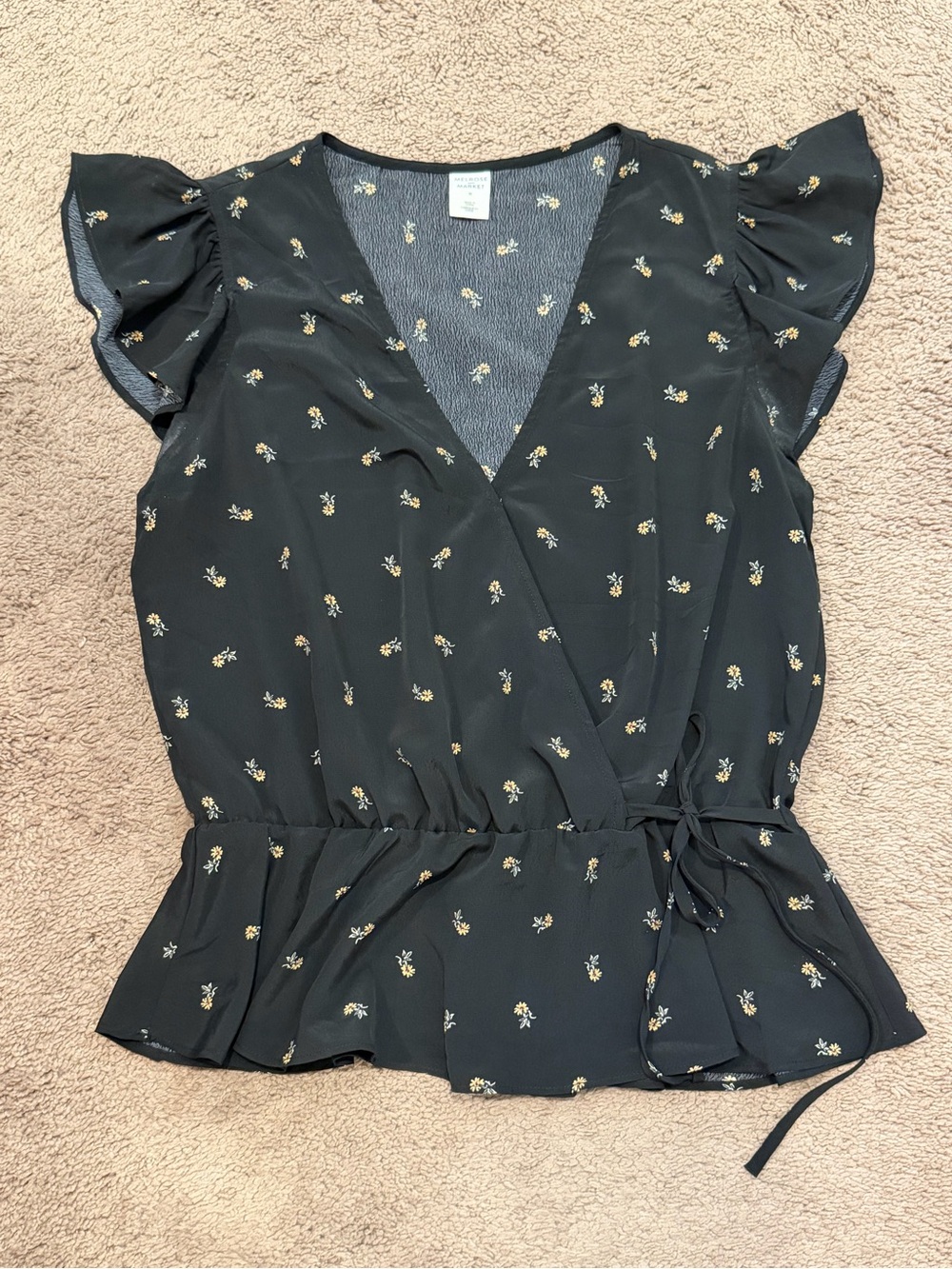 Melrose and Market Black Floral Wrap Blouse with Tie Waist